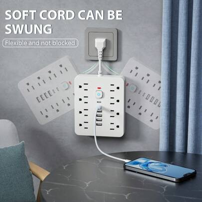 1 Pc 14-In-1 Power Strip With Surge Protection And One-Touch Control Switch - 4 Spacious AC Outlets With 6 USB Ports (Including 2 Type-C) - Wall-Mount | SHEIN