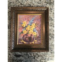 Vintage Framed Flowers in A Vase Still Life Original Oil Painting Purple Background with Yellow 12"" | Etsy (US)