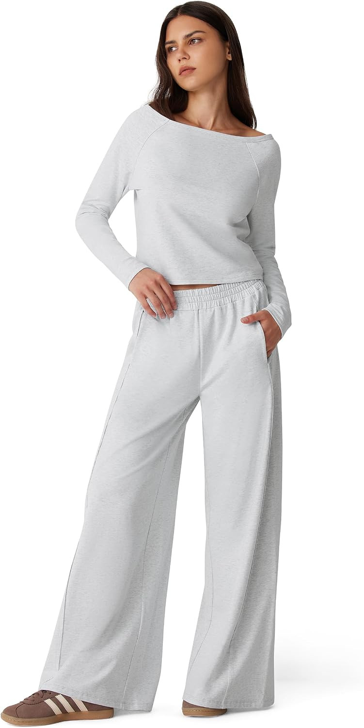 MOOSLOVER Women Boat Neck 2 Piece Sets Sweatsuits Wide Leg Sweatpants Lounge Sets Airport Travel Matching Sets Outfit | Amazon (US)