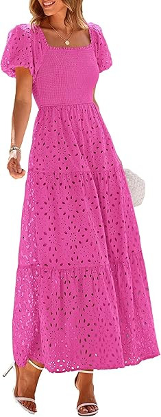 PRETTYGARDEN Summer Dresses for Women 2026 Eyelet Square Neck Puff Sleeve Smocked Wedding Guest M... | Amazon (US)
