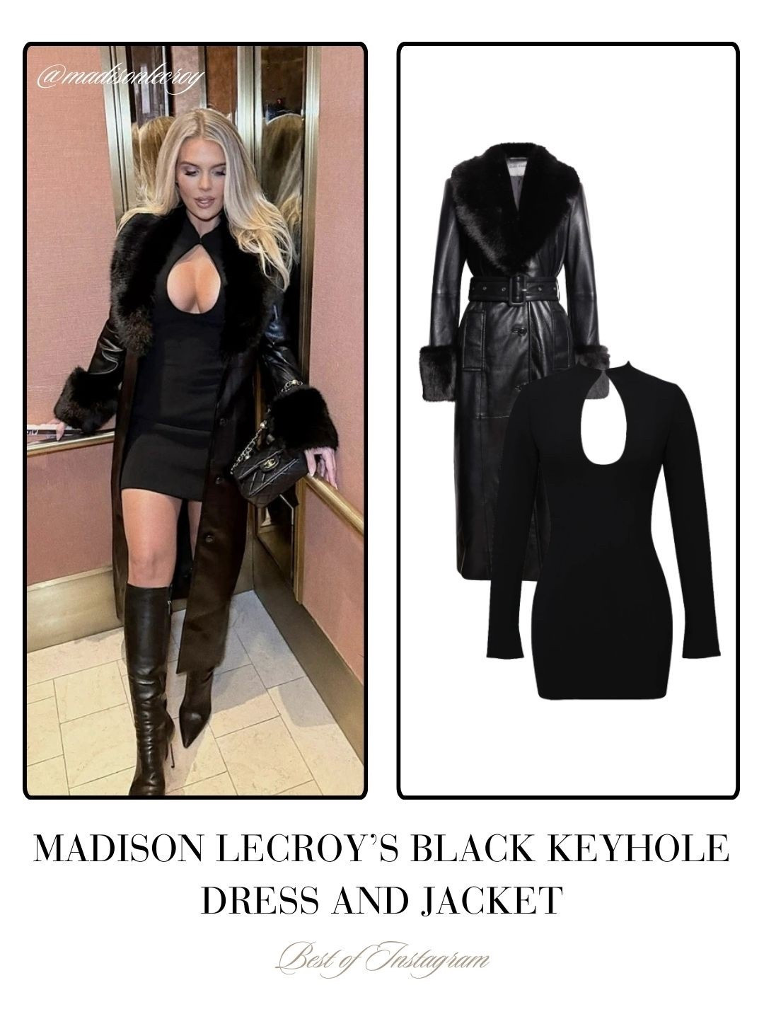Madison LeCroy’s Black Keyhole Dress and Faux Leather and Fur Jacket 📸 = @madison.lecroy styled by @modestoo 