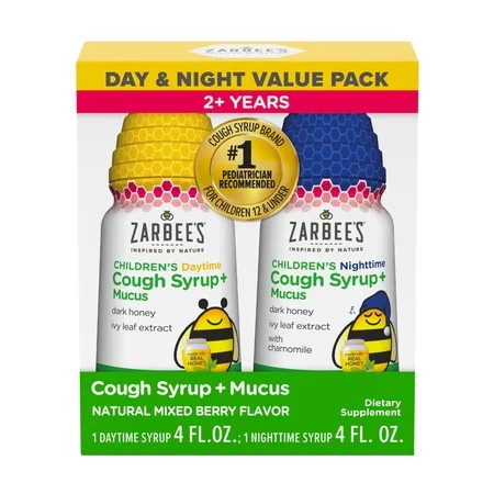 Kids Zarbee’s Cough + Cold Mucus Day and Night Value Pack, Honey, Ivy Leaf, 2x 4 fl. oz. | Walmart (US)