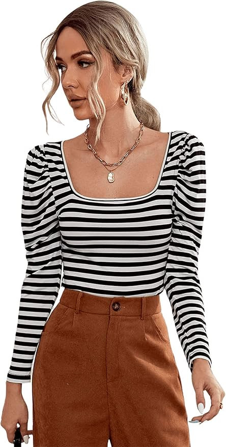 SweatyRocks Women's Casual Striped Tee Shirt Long Sleeve Round Neck Top | Amazon (US)