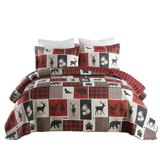 B195 Red Cabin Lodge Rustic Country Bear Queen Size Polyester Quilt Bedspread Set | The Home Depot
