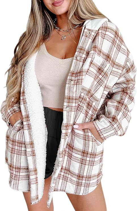 Merryfun Womens Plaid Shacket Jacket Sherpa Lined Flannel Jackets Oversized Button Up Fleece Hood... | Amazon (US)