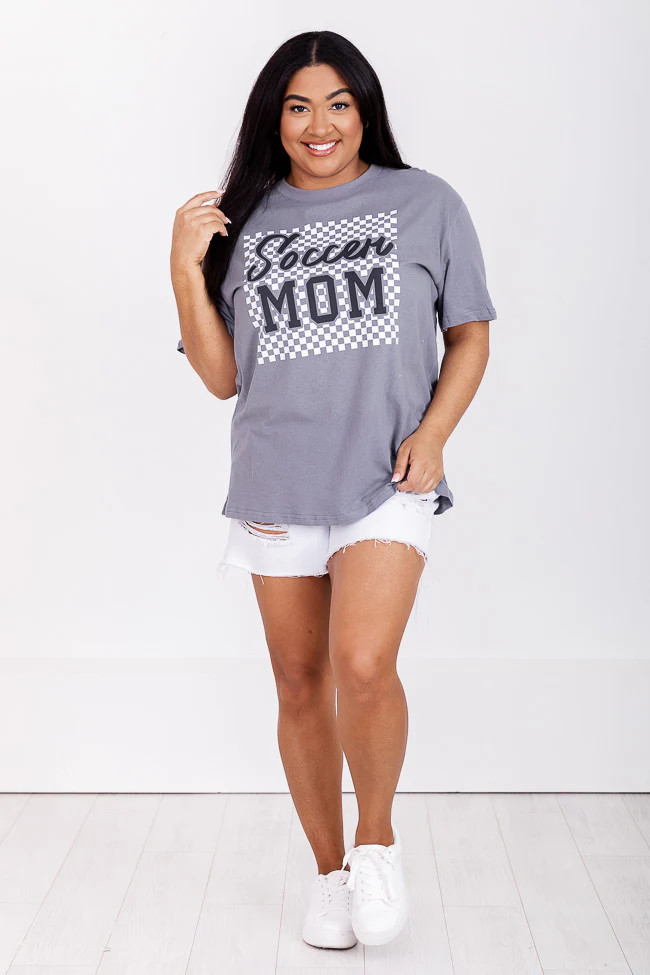 Soccer Mom Checkered Grey Oversized Graphic Tee | Pink Lily