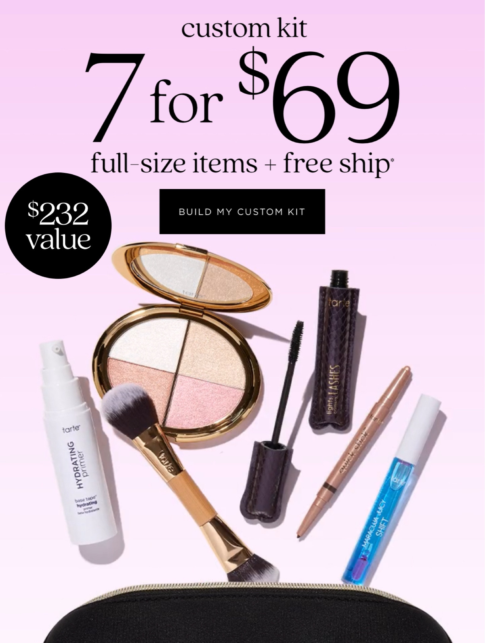 Create your own custom kit/ 7 products for $69 which comes out to less than $10/each!! Some items I'd choose:

Lip: Tarte juicy lip in rose guava or clear 

Cheek: Blush tape in peach or pink OR sculpt tape in warm bronze

Eyes: One of the eye palettes or fake awake

Complexion: Shape tape cloud foundation 

Tools: Double ended brush 

Mascara: Tartelette tubing mascara 

Makeup bag 


#LTKSaleAlert #LTKBeauty