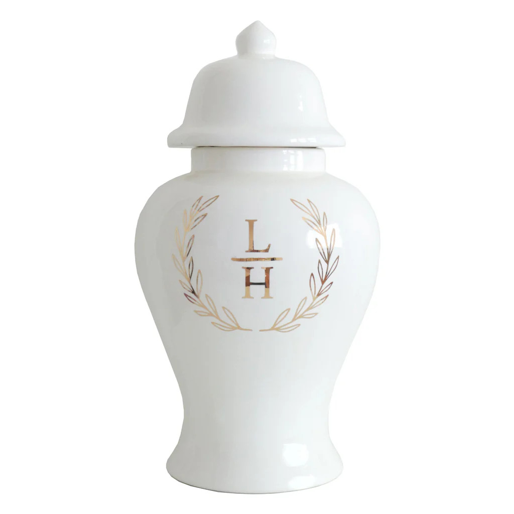 Laurel Wreath Monogram Ginger Jars in White | Lo Home by Lauren Haskell Designs