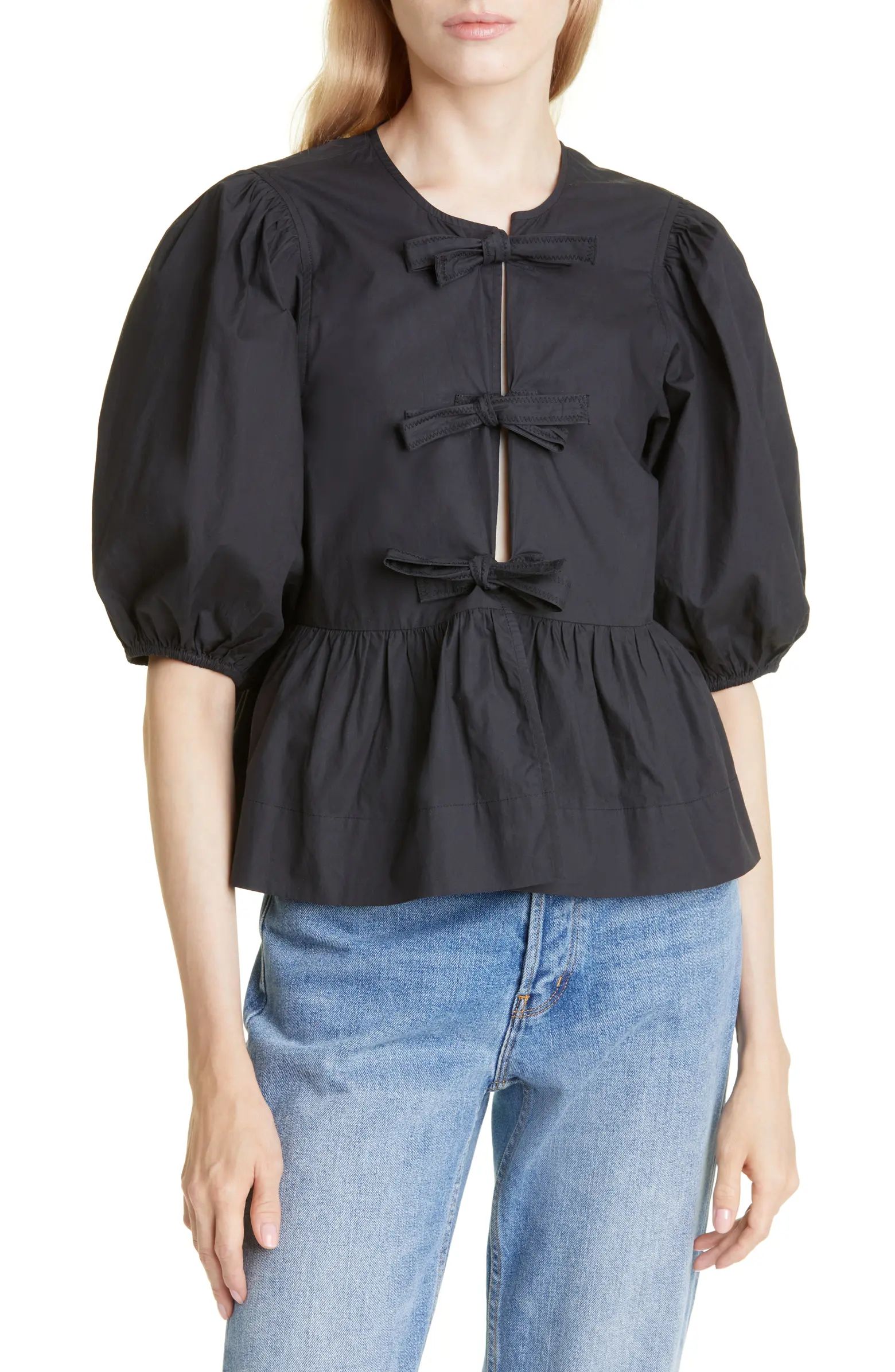 Ganni Puff Sleeve Organic Cotton Poplin Peplum Blouse | Nordstrom | Nordstrom