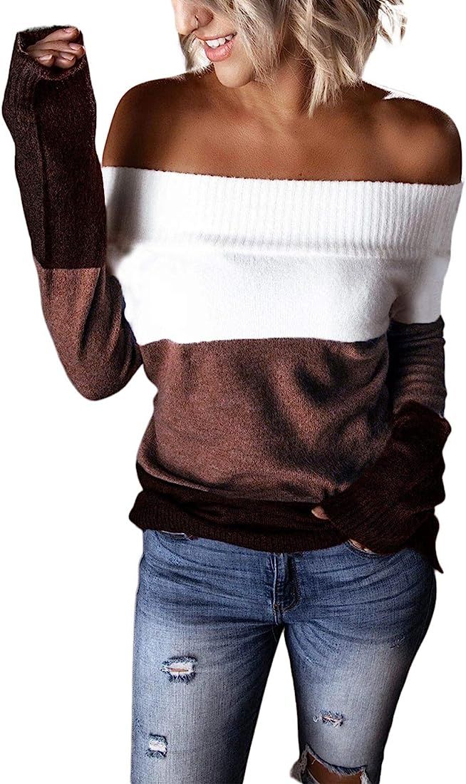 Pink Queen Women Off Shoulder Sweater Striped Color Block Long Sleeve Casual Knit Sweaters Pullov... | Amazon (US)