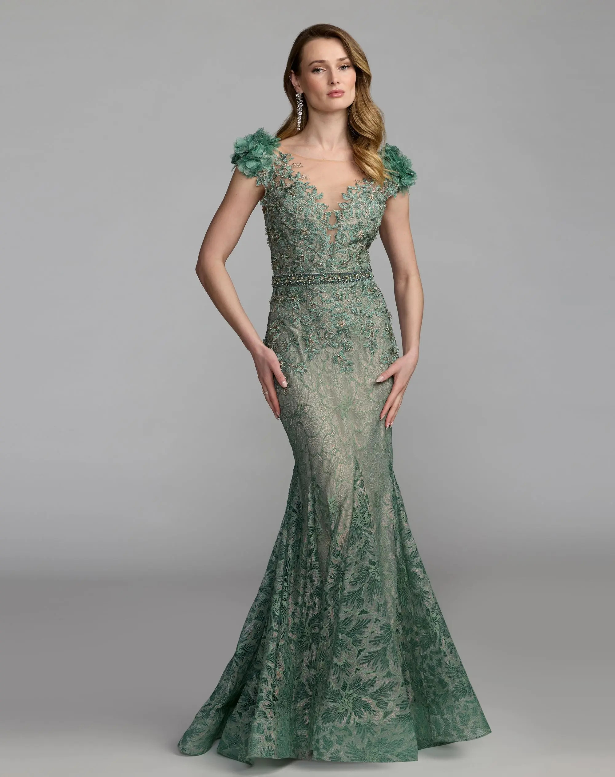 Green Illusion Bodice Embroidered Trumpet Gown | Mac Duggal | Mac Duggal