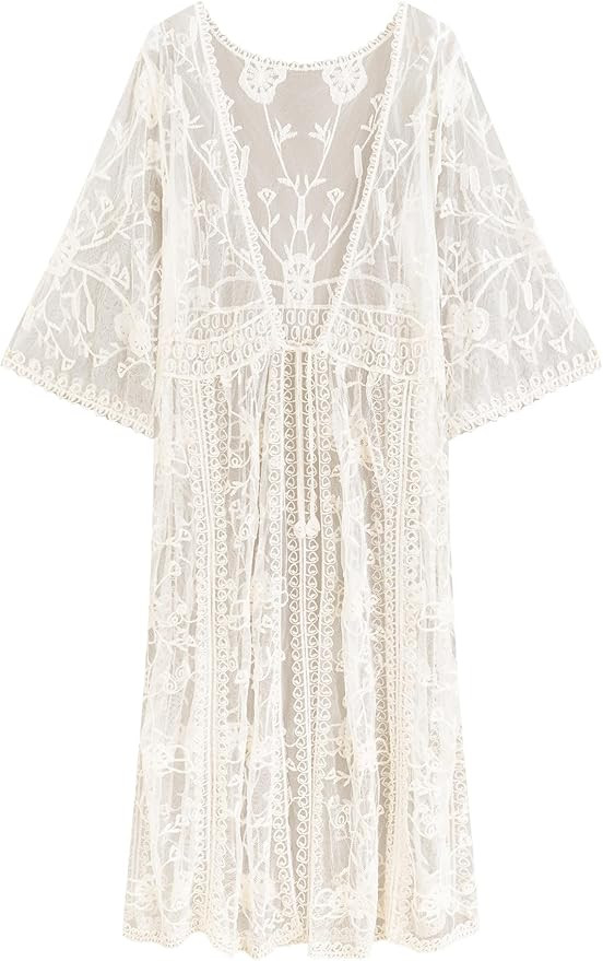 Romanstii Women's Lace Cardigan Floral Crochet Sheer Beach Cover Ups Long Kimono | Amazon (US)