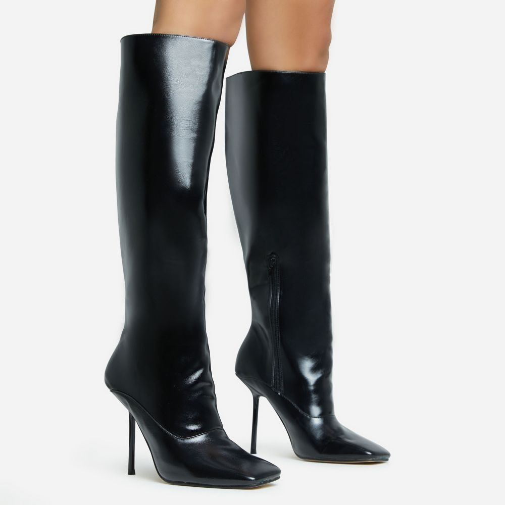 Lavia Square Toe Stiletto Heel Knee High Long Boot In Black Faux Leather | EGO Shoes (US & Canada)