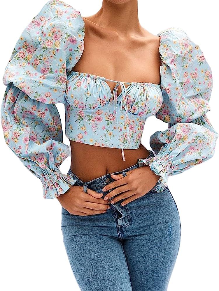 Women Flare Puff Sleeve Off Shoulder Blouse Tops Long Sleeve Ruffle Crop Tops Open Front Lace Up Shi | Amazon (US)