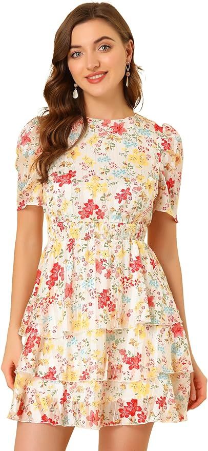 Allegra K Women's Layered Chiffon Shirred Floral Dress | Amazon (US)