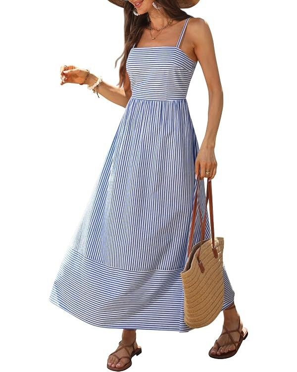 Caracilia Womens Maxi Dresses Gingham Spaghetti Strap Back Smocked Flowy Long Sundress Summer Bea... | Amazon (US)