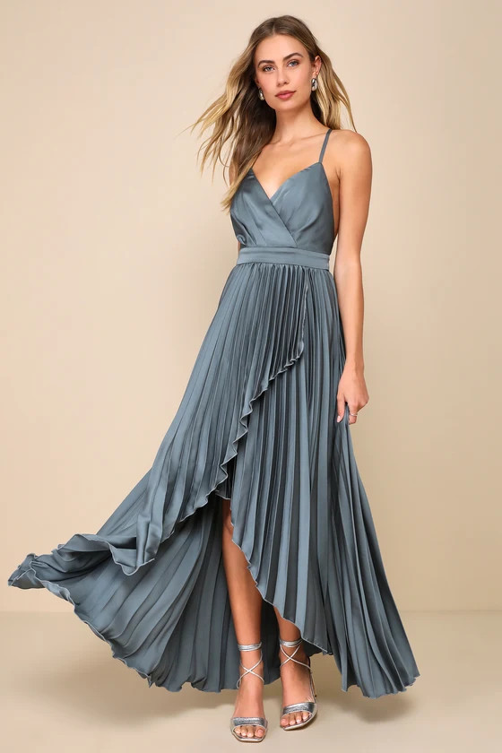 Ultimate Charm Dark Sage Grey Satin Pleated High-Low Maxi Dress | Lulus