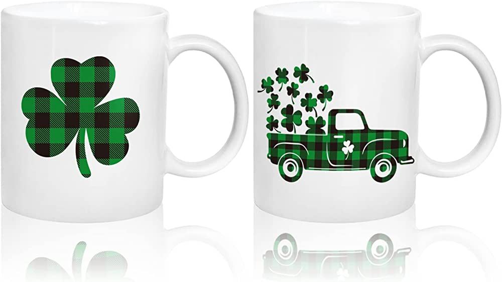 Whaline 2Pcs St Patrick's Day Mug Set 11oz Buffalo Plaid Shamrock Truck Coffee Mug Irish Ceramic ... | Amazon (US)