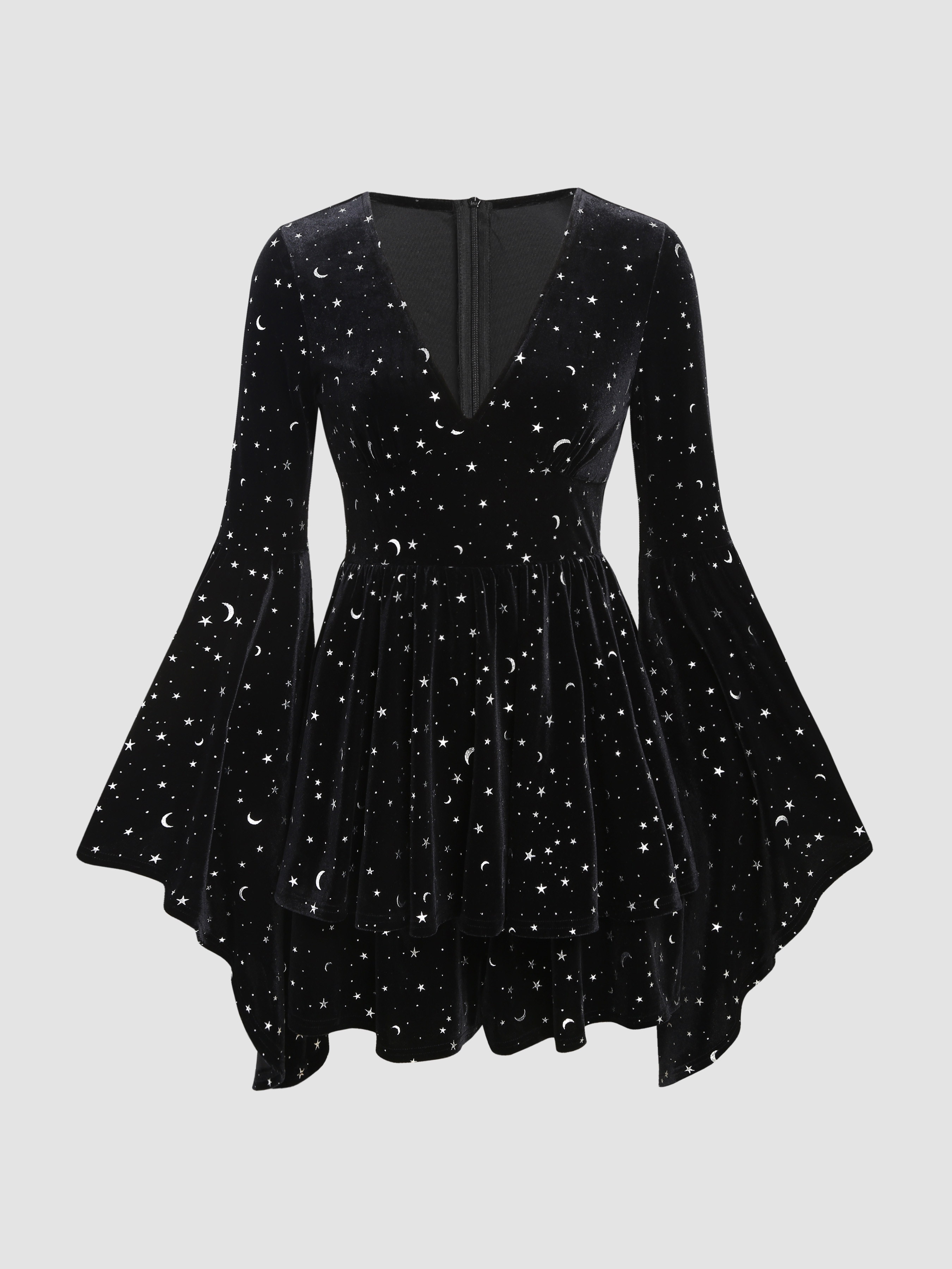 Velvet Velvet V-neck Star & Moon Pattern Bell Sleeve Romper For Date | Cider