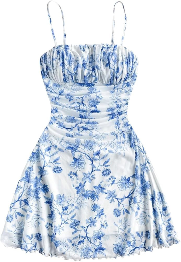 WDIRARA Women's Floral Print Ruched Cami Dress Spaghetti Strap Ruffle Hem Mesh Mini Dress | Amazon (US)
