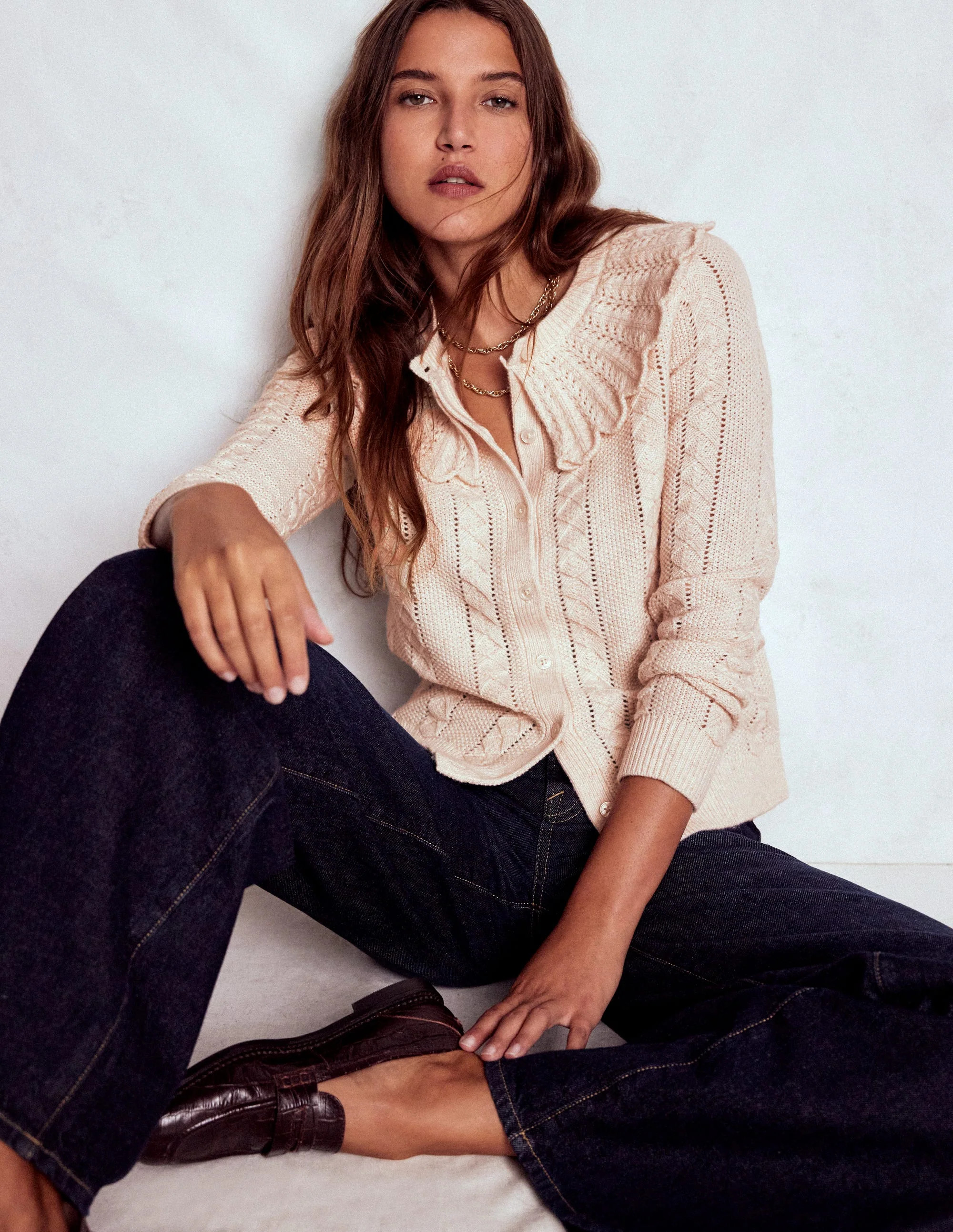 Scallop Collar Cardigan-Warm Ivory Melange | Boden (US)