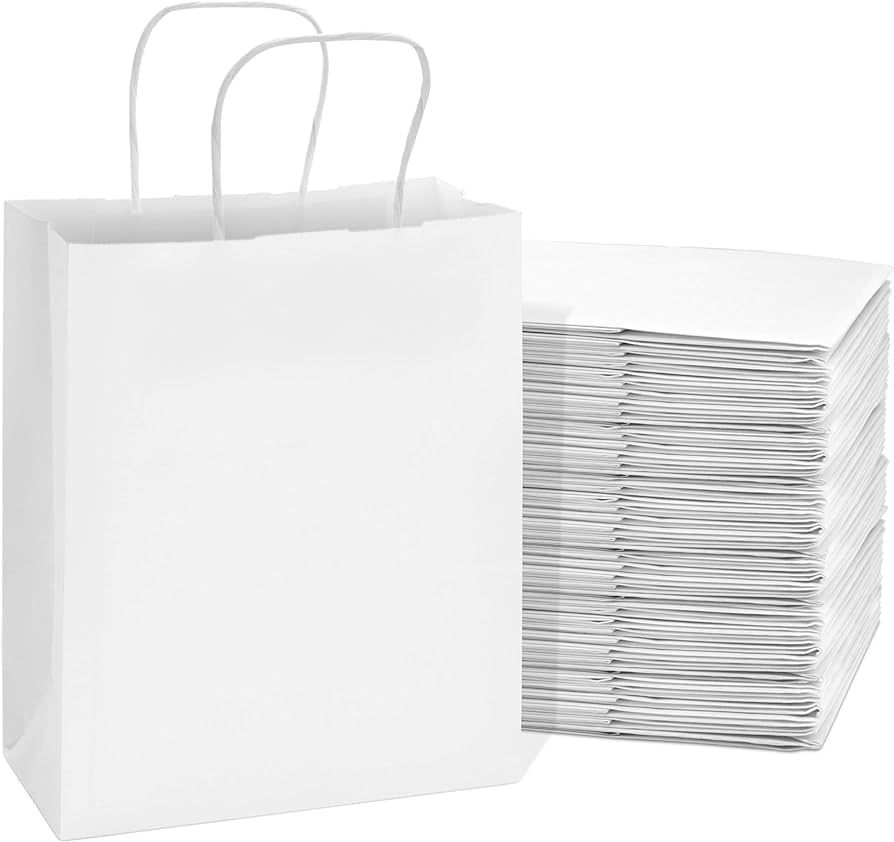 Prime Line Packaging 8x4x10 100 Pack White Gift Bags, Small Kraft Paper Bags with Handles for Sma... | Amazon (US)
