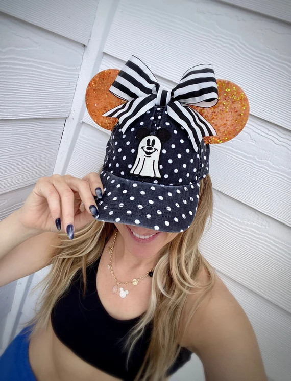Black White Polka Dot Hat Mickey Ghost Patch & Orange Ears  - Etsy | Etsy (US)