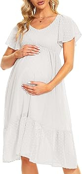 Swiss Dot Smocked Maternity Dress/V Neck Flutter Sleeve Midi Dress for Baby Shower Wedding Guest Pho | Amazon (US)