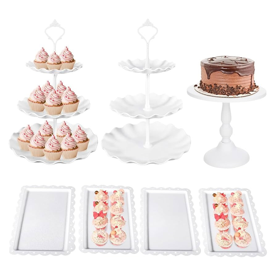 7 Pcs Dessert Table Stand Set 2 Pcs 3-Tier Plastic Cupcake Stands 1 Pc Metal White Cake Stand for... | Amazon (US)