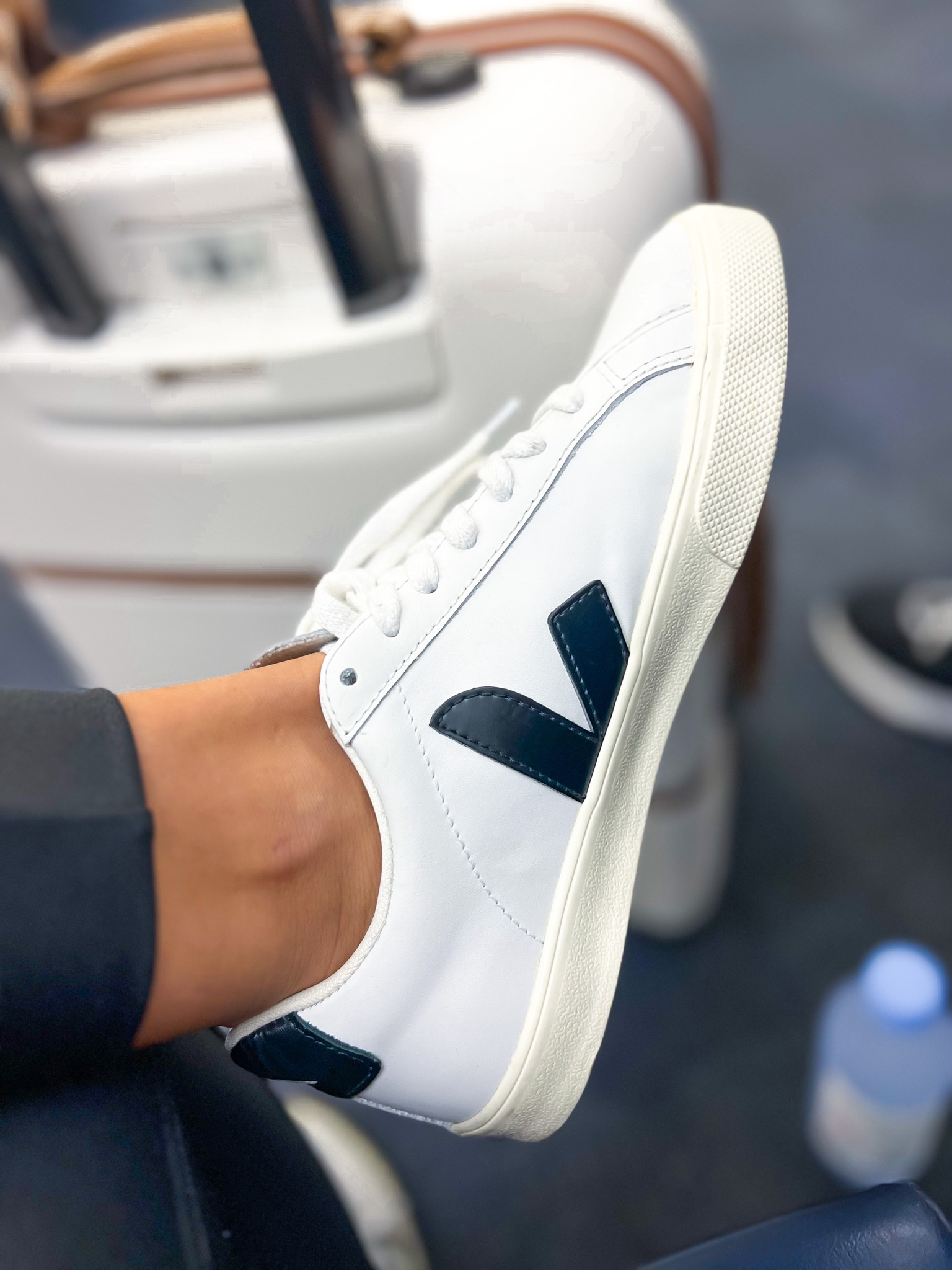 Veja Esplar sneakers (size down if you are a half size). White sneakers. Travel shkes. Grace oitfkt. Amazon faux leather leggings (XS, amazing!!). Delsey luggage. 

#LTKtravel #LTKshoecrush #LTKSeasonal