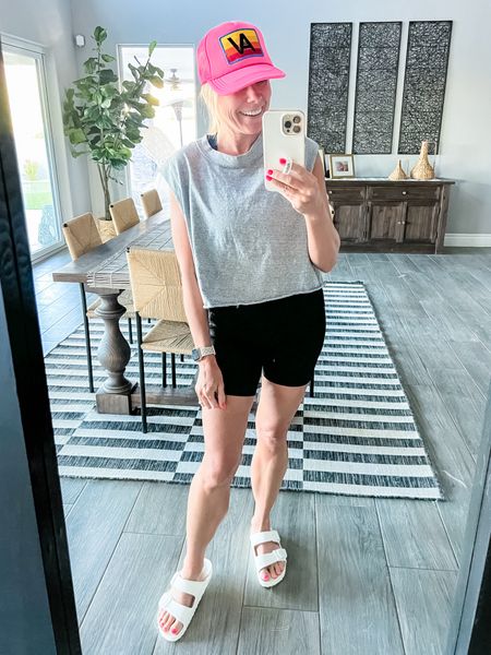 Love this pink aviator nation hat with a free people muscle top, muscle tank and white Birkenstock sandals. XS tank, small biker shorts, 38 sandals  

#LTKStyleTip #LTKSeasonal #LTKOver40