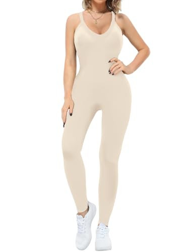 VUTRU Workout Romper for Women Sexy Sleeveless Bodycon One Piece Bodysuit Shapewear Tummy Control Jumpsuits, Light Khaki XL | Amazon (US)
