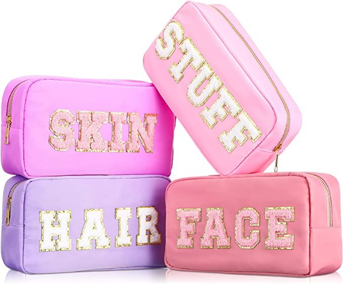 4 Pcs Preppy Makeup Bag Chenille Letter Nylon Cosmetic Bag Makeup Organizer Bag Toiletry Cosmetic... | Amazon (US)