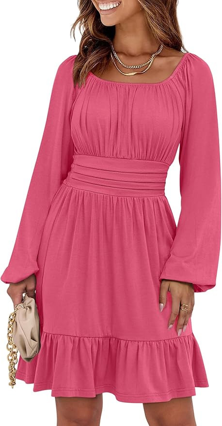 ANRABESS Womens Dress Long Lantern Sleeve Square Neck Elastic Waist Ruffle Flowy Swing A-Line Sho... | Amazon (US)