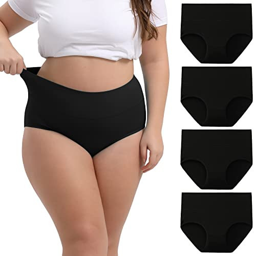 INNERSY Women's Plus Size XL-6XL Cotton Underwear High Waisted Briefs Panties 4-Pack(Black,3X-Large) | Amazon (US)