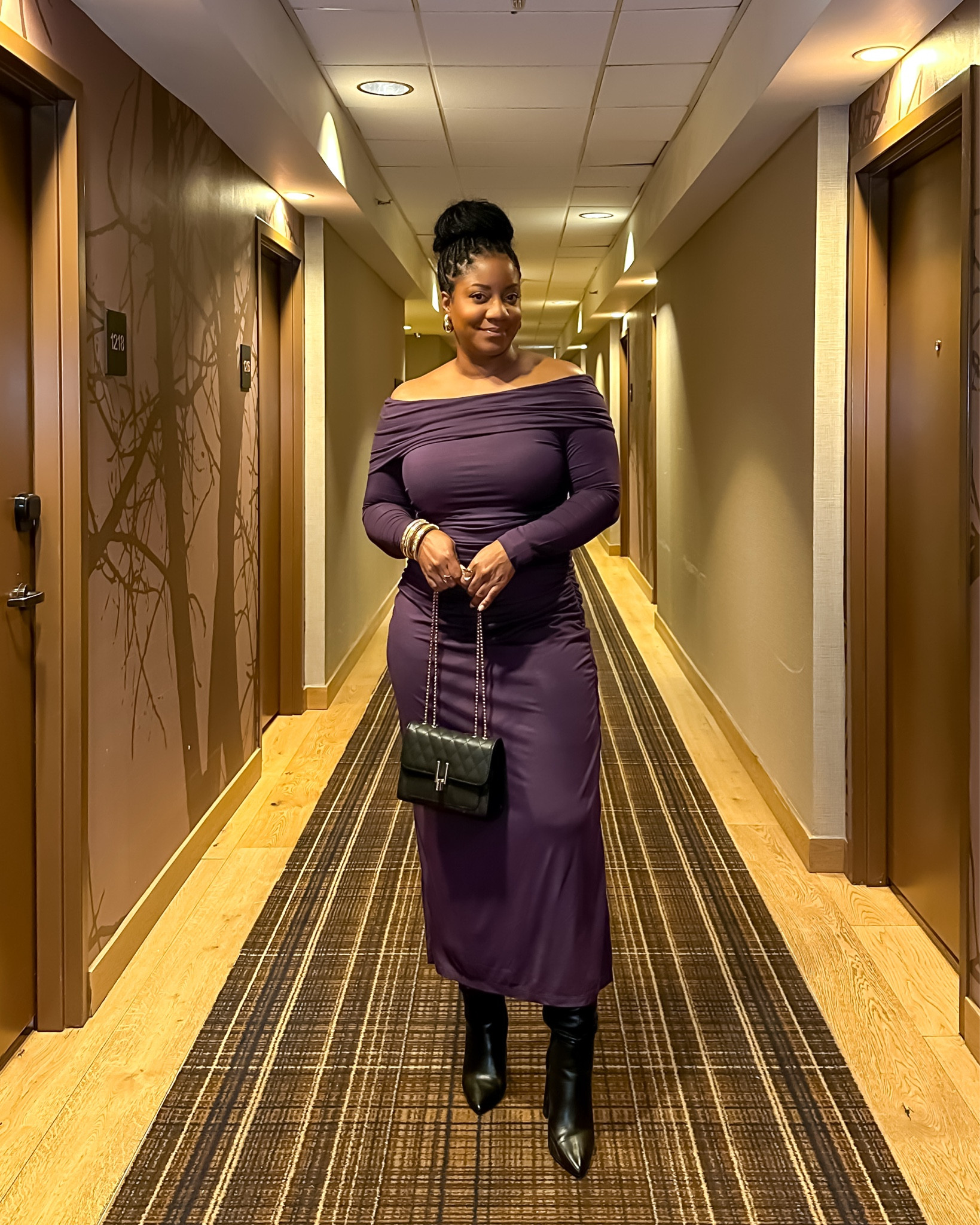 Wore this off the shoulder ruched maxi dress to dinner. Wearing a L.

eggplant purple off the shoulder dress / ruched maxi dress with sleeves / wide calf friendly black boots / black boots for wide calves / black and gold accessories / evening maxi dress outfit / purple maxi dress styling / formal off the shoulder dress / ruched dress outfit ideas / eggplant purple evening dress / black and gold outfit accents / maxi dress with boots combo / trendy off shoulder dresses / purple and black outfit ideas / Amazon dress / Amazon finds

#LTKParties #LTKMidsize #LTKFindsUnder100