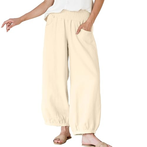Maixang Women's Cotton Linen Wide Leg Pants Casual High Waist Palazzo Pants Summer Elastic Lounge... | Amazon (US)