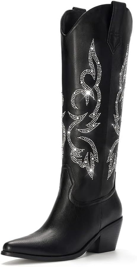 White Cowboy Boots for Women - Wide Calf Rhinestone Cowgirl Boots, Women Knee High Western Boots,... | Amazon (US)