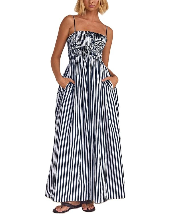KMBANGI Women Striped Sleeveless Maxi Dress Swing Aline Midi Dress Backless Smocked Spaghetti Str... | Amazon (US)