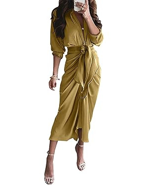BTFBM Women Long Sleeve Satin Dress 2024 Spring Summer Lapel V Neck Button Down Belted Elegant Ru... | Amazon (US)