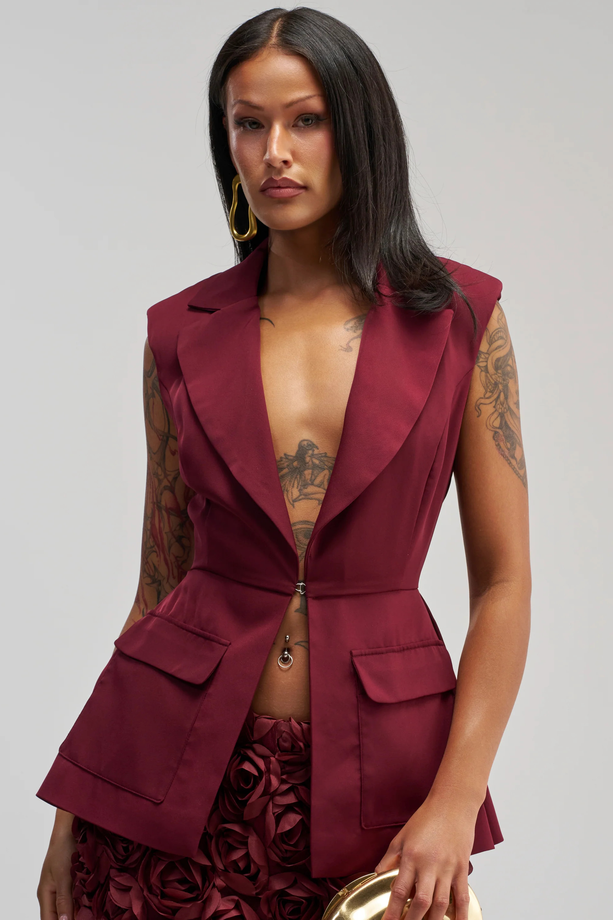 Burgundy Blazer Vest, Fitted Plunge Neckline | AKIRA | AKIRA