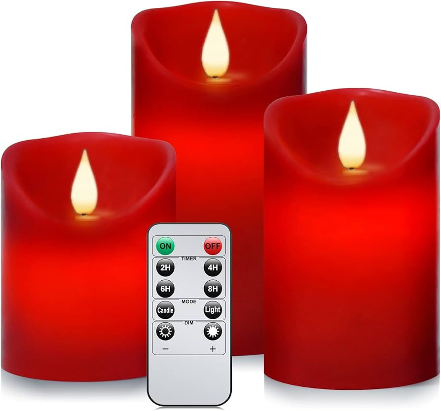 Roomsily Flameless Battery Operated Flickering Candles:3PACK Red Real Wax Pillar Candle,Electric ... | Amazon (US)
