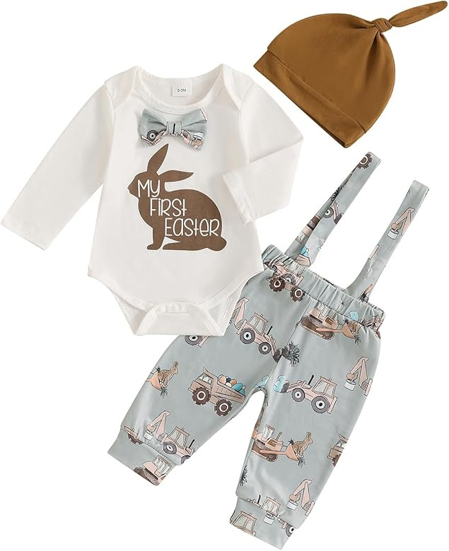 My First Easter Baby Boy Outfit Long Sleeve Romper Tractor Suspender Pants Set Bunny Ear Hat 3Pcs... | Amazon (US)