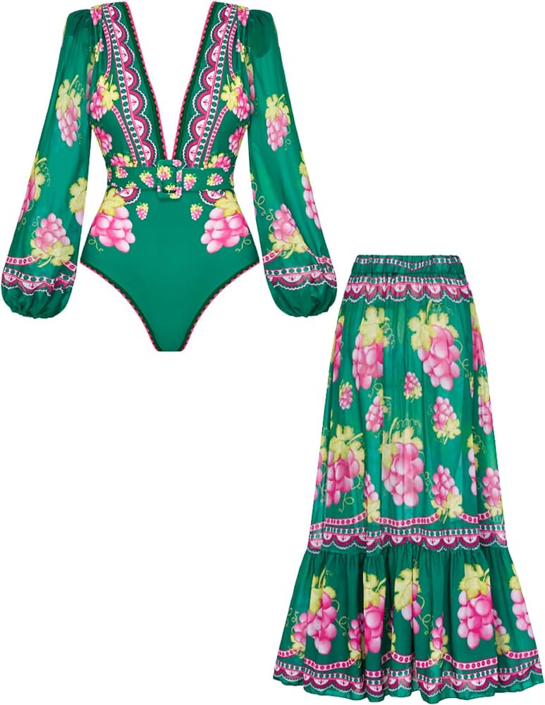 FLAXMAKER Women One Piece Long Sleeve Deep V Neck Grapes Print Long Sleeve Padded Swimsuit Two Pi... | Amazon (US)