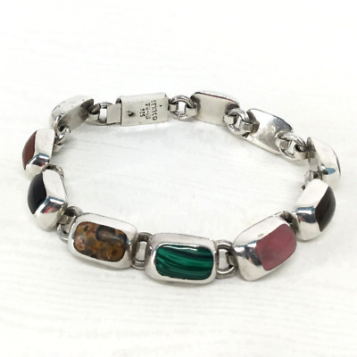 Vintage Multi-Gemstone TAXCO 925 Sterling Silver Heavy Link Bracelet - 7 1/5 In | eBay US