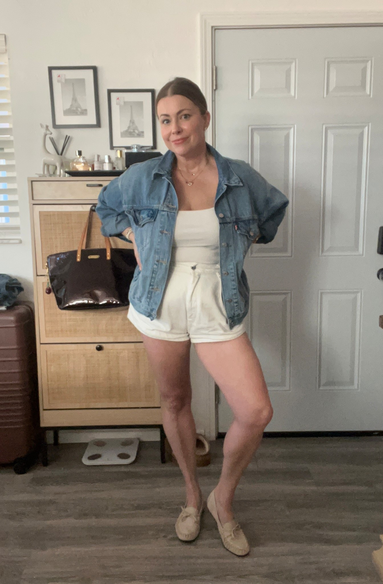 Mom basics 
Casual outfit
Florida style
White denim shorts
Oversized denim jacket
Levis trucker jacket 
Zara loafers 