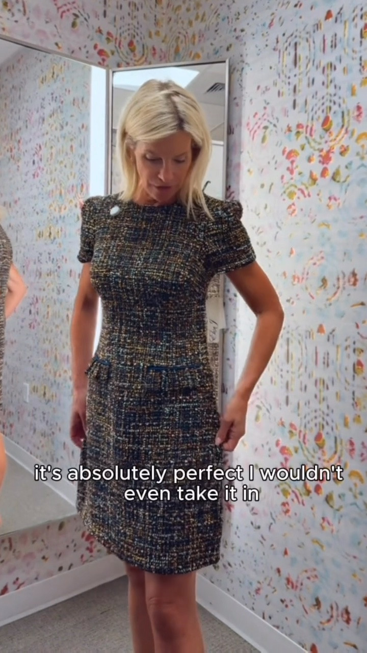 This tweed dress looks so much more expensive than it is. It has a timeless designer-inspired feel, flattering tailoring, faux front pockets, and the perfect above-the-knee length. I’m wearing a size 2, and the fit is absolutely perfect.

👩‍💻 LTK PRO TIPS
❤️ Heart = Support my posts ;-)
🔖 Save = Get sale & restock alerts for the things you love!
📋 Lists = Keep favorites organized (List ideas: Christmas, Birthdays, and Vacations!)
📲 Share = Send lists and products to a friend (or your daughters like me).
💬 Comment = Ask me anything, and I’ll answer. ;-)

#LTKootd #LTKOver40 #LTKSaleAlert