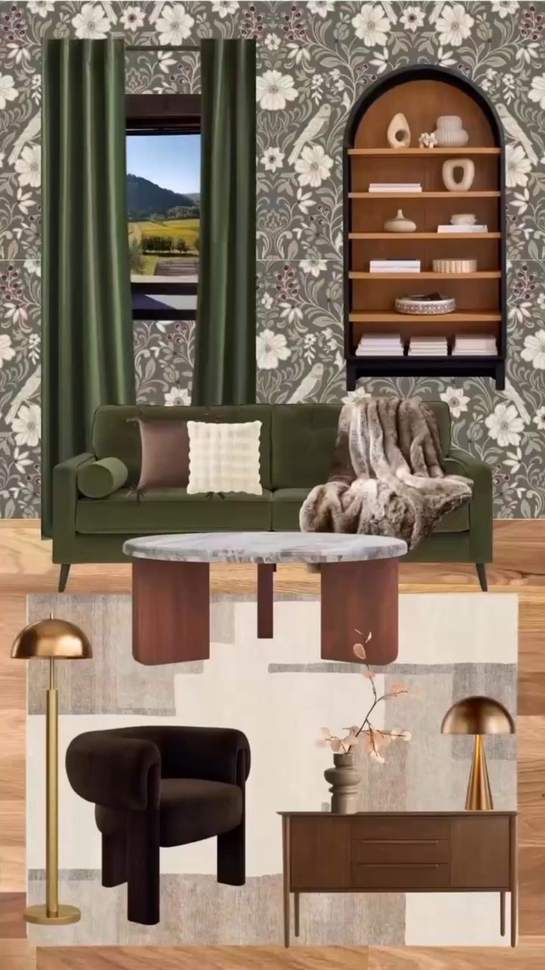 Living room mood board! Gorgeous green velvet sofa, luxurious throw blanket, cosy pillows, marble coffee table, brass lighting, mid-century modern credenza, affordable curved bookshelf from Walmart and neutral rug. #homedecor #livingroom 

#LTKFamily #LTKHome #LTKSeasonal