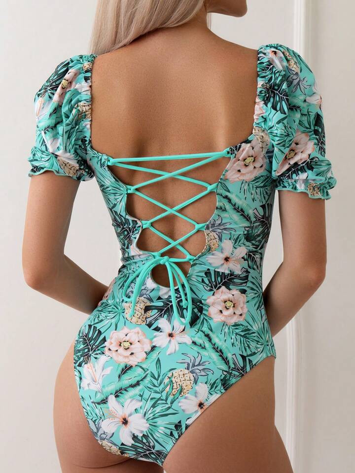 Floral Print Short-sleeve Triangle One-piece Swimsuit With Tie Straps | SHEIN