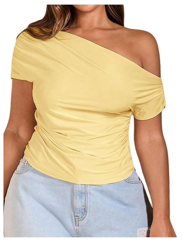 WDIRARA Women's Plus Size Off Shoulder Tee Shirt Ruched Asymmetrical Short Sleeve Tops | Amazon (US)